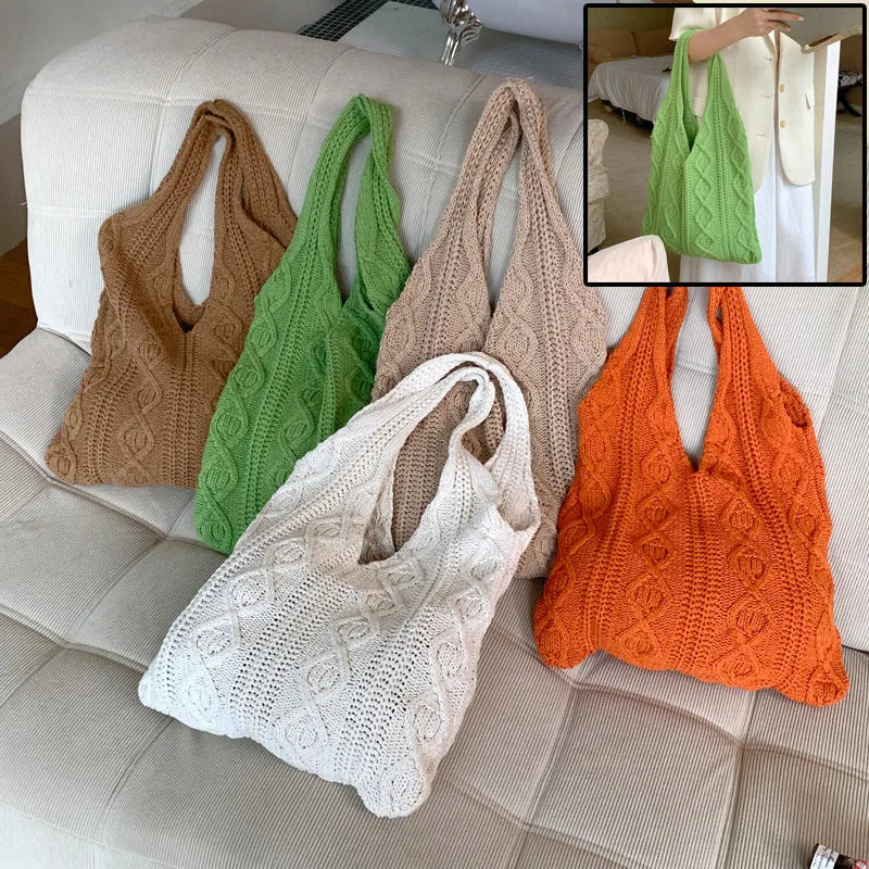 Women's retro style hollow knitted tote bag in polyester with double shoulder straps, shown in a solid colour.