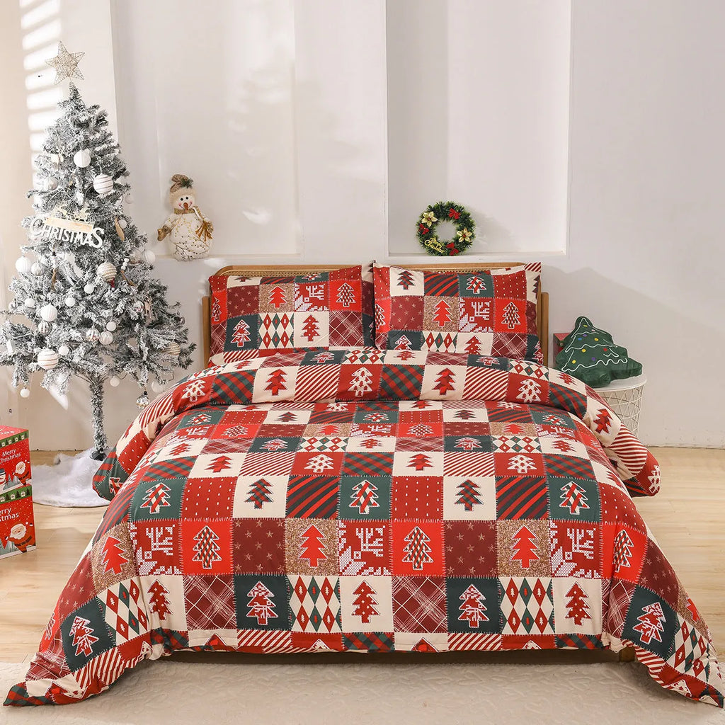 Christmas red plaid pattern bedding set with quilt cover and pillowcases on bed