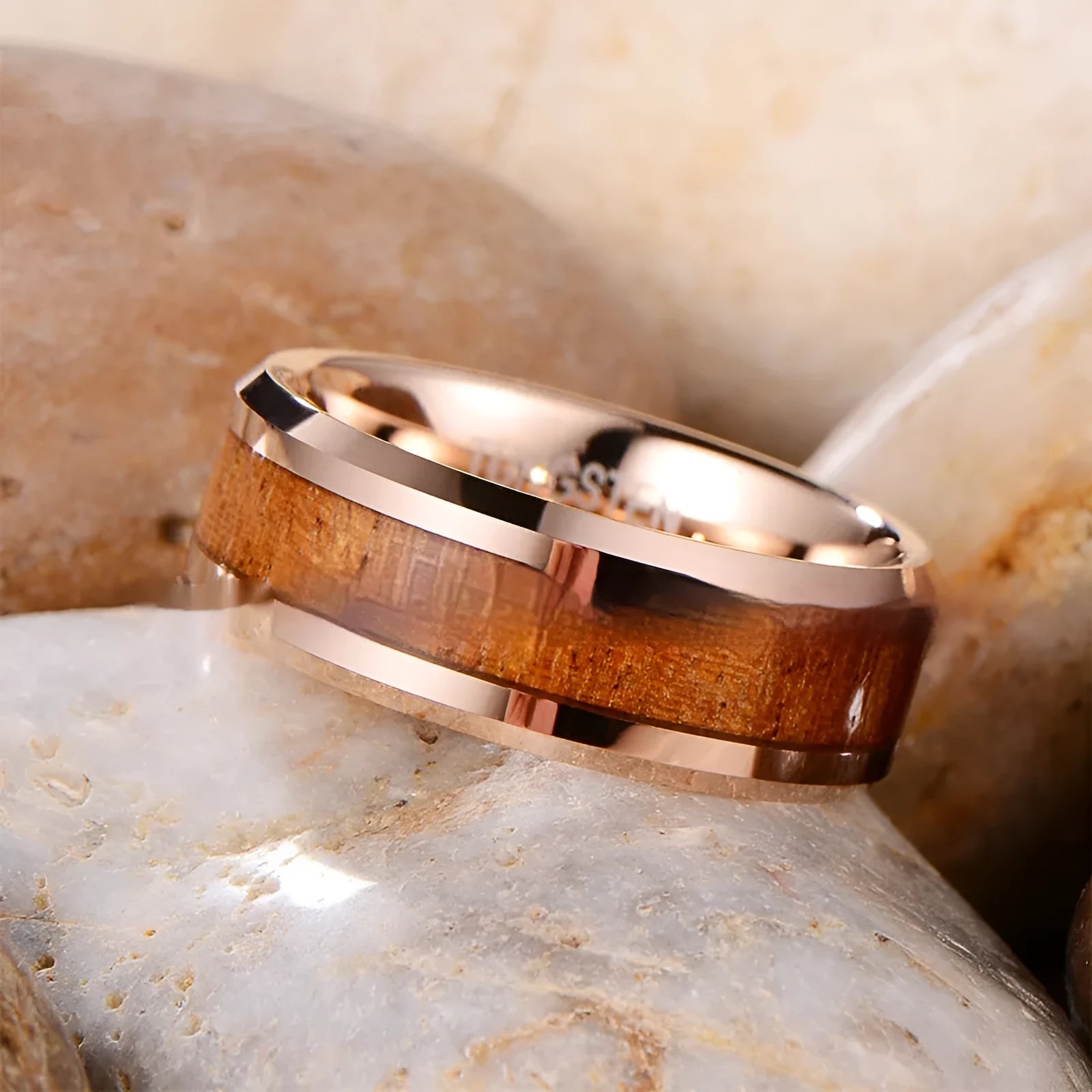 Ugyen tungsten gold men's ring with leather inlay, 8mm wide band in rose gold or steel colour finish