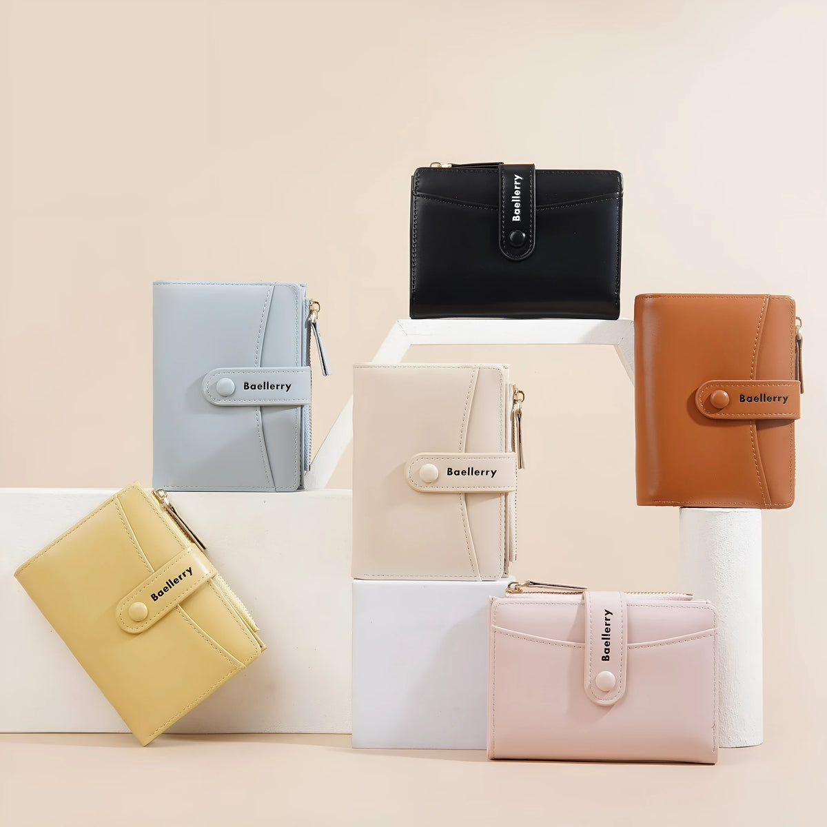 Women's short PU wallet in various colours showing waterproof and anti-theft features.