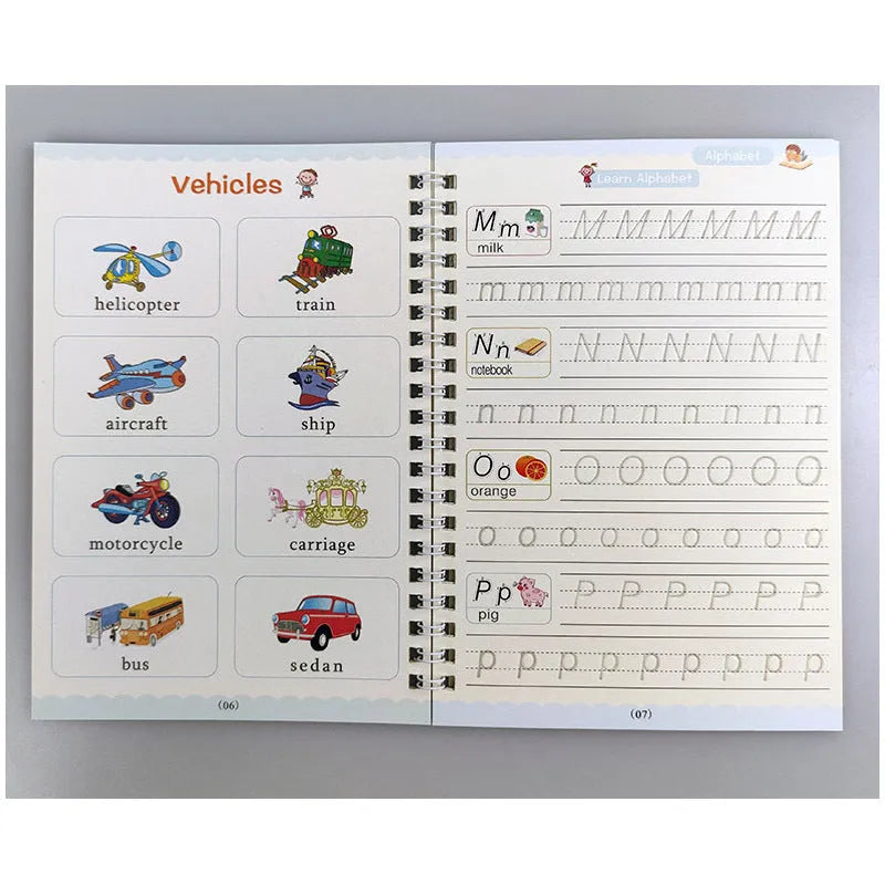 Magic calligraphy copybook set showing four practice books with square slot designs and two stylus pens
