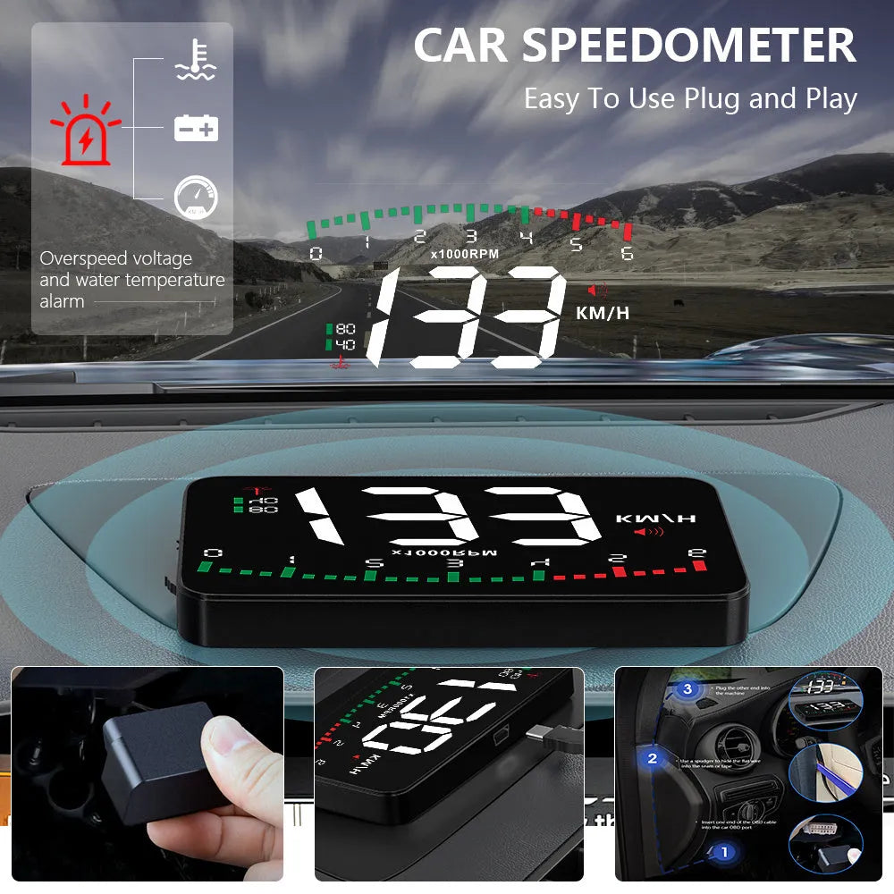 Black automotive head-up display with 3.5 inch LED screen, OBD interface, 90 x 54 x 12 mm ABS PC housing