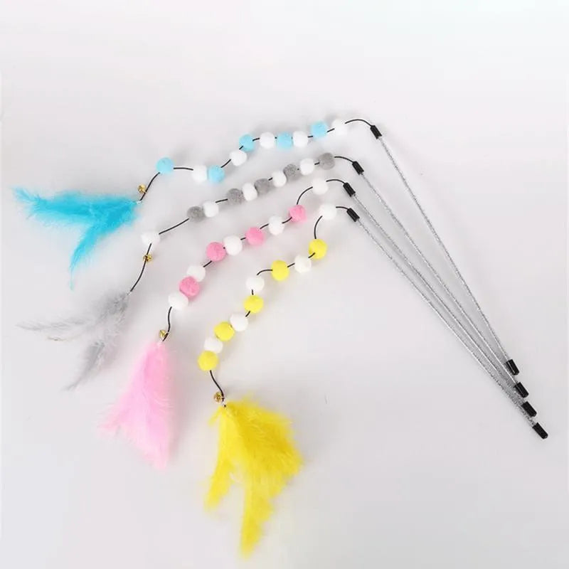 31cm long cat teaser rod with feather and bell attachments in multiple colour options