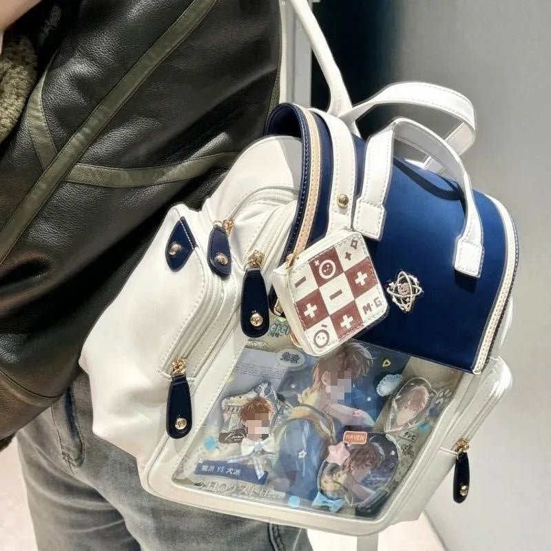 Japanese style transparent colour backpack in blue or brown with soft polyester body, sandwich pocket, and transparent rubber plate.