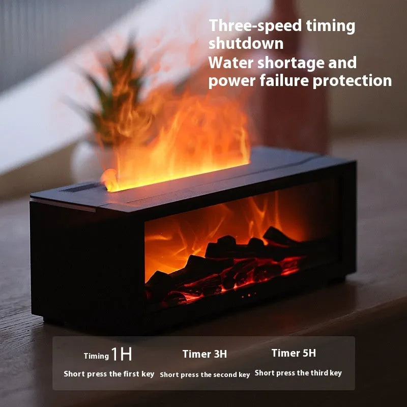 Square flame aromatherapy machine with LED lights creating 3D flame effect and essential oil diffusion