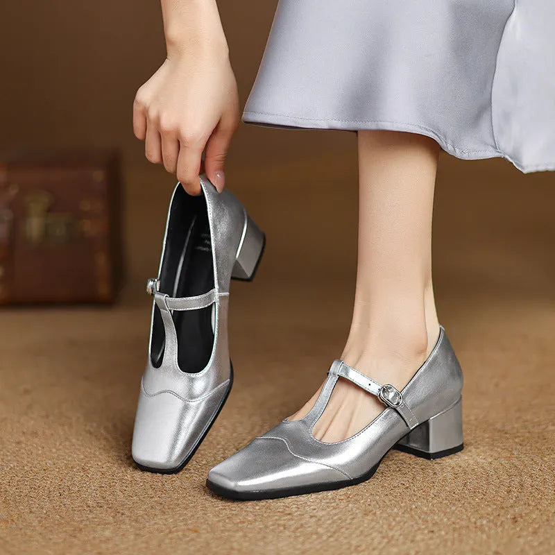 Chunky heel pumps with square toe, 3-5cm mid heel, available in black, silver, and leopard print, sizes 34-40