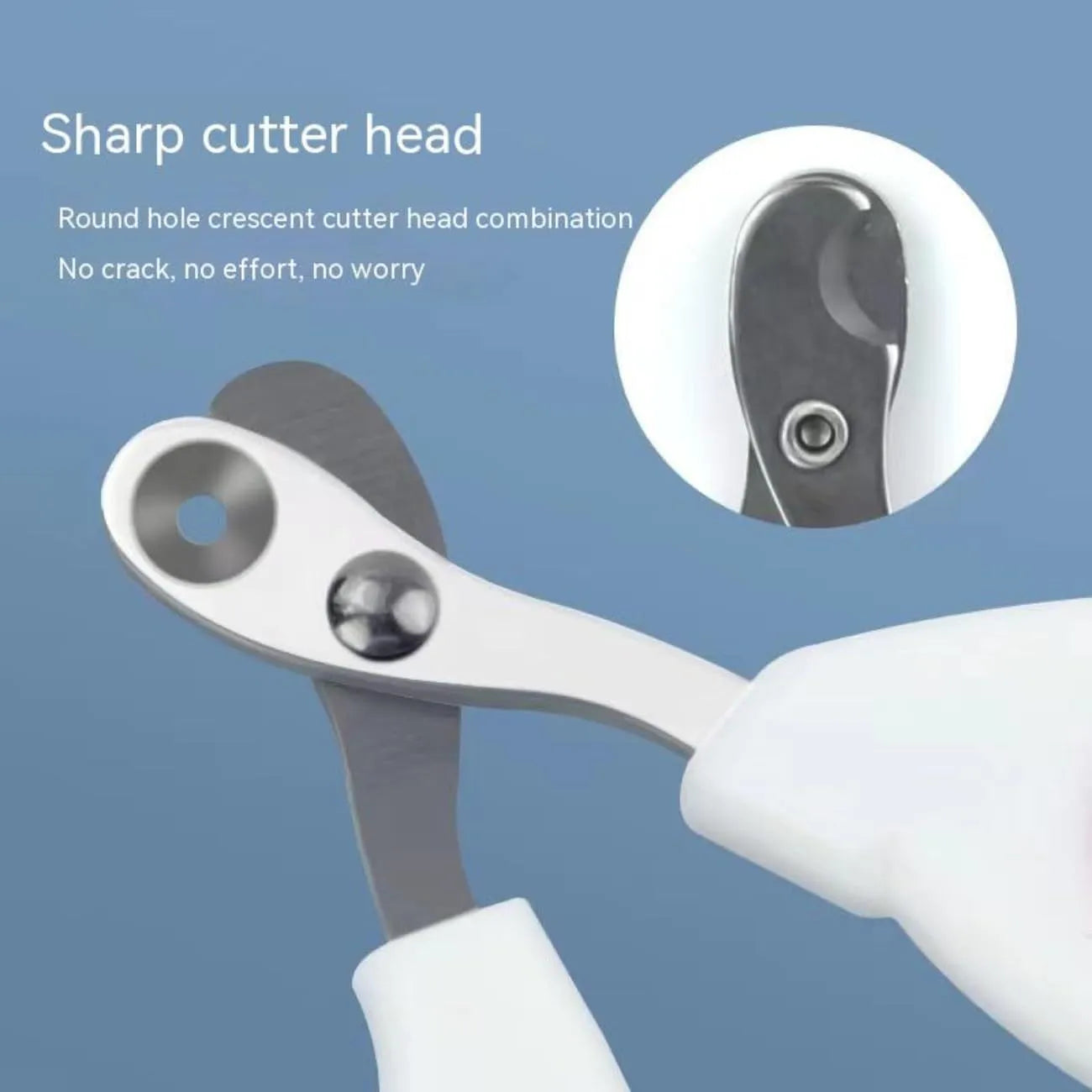 Blue cat nail clippers with circular hole and cushioned handles for trimming pet nails