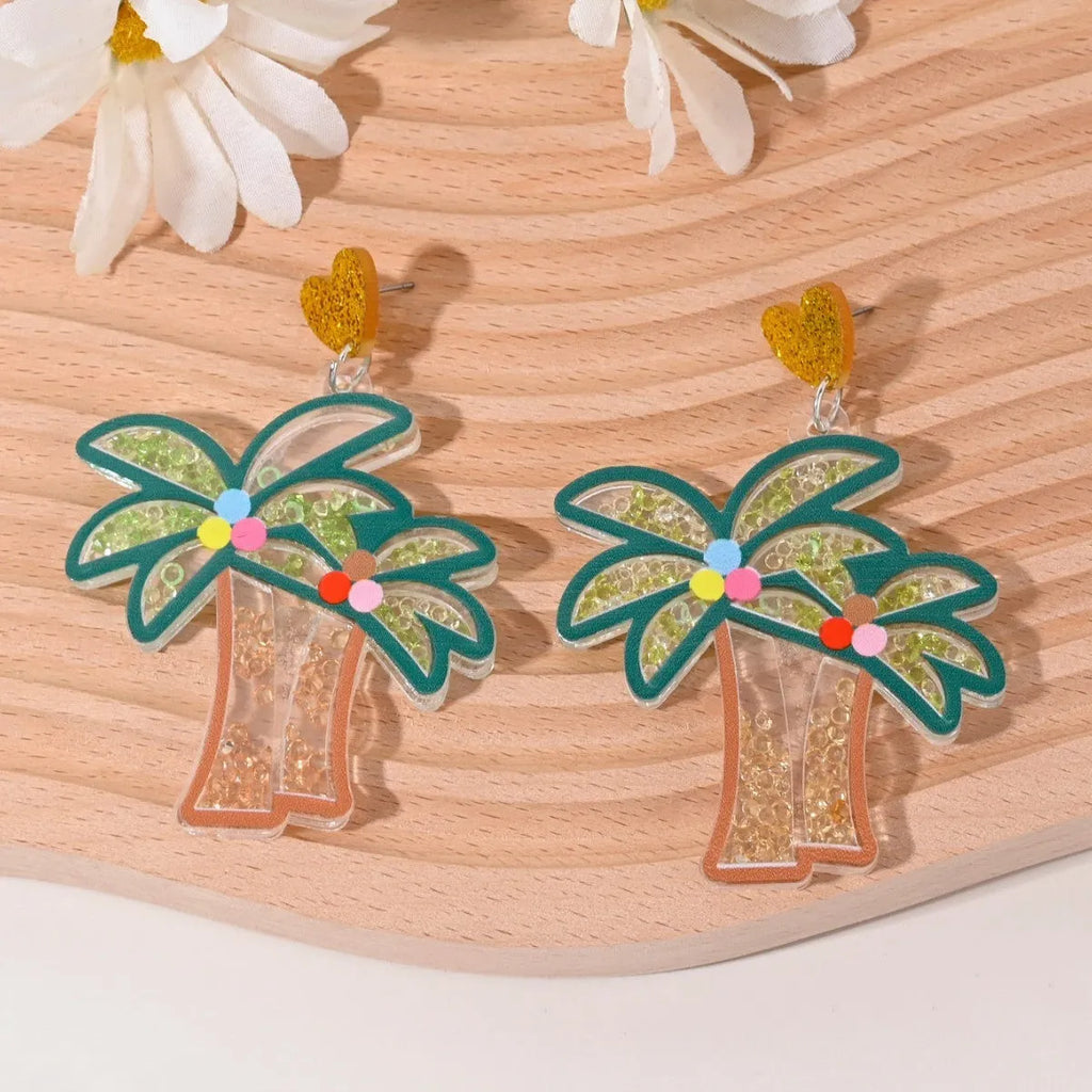 Seven pairs of colourful acrylic fruit and dessert stud earrings on a white background.