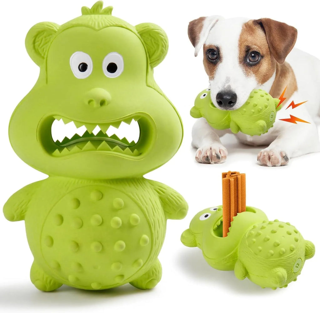Green and yellow natural rubber squeaky dog toy for aggressive chewers with 30% thicker construction
