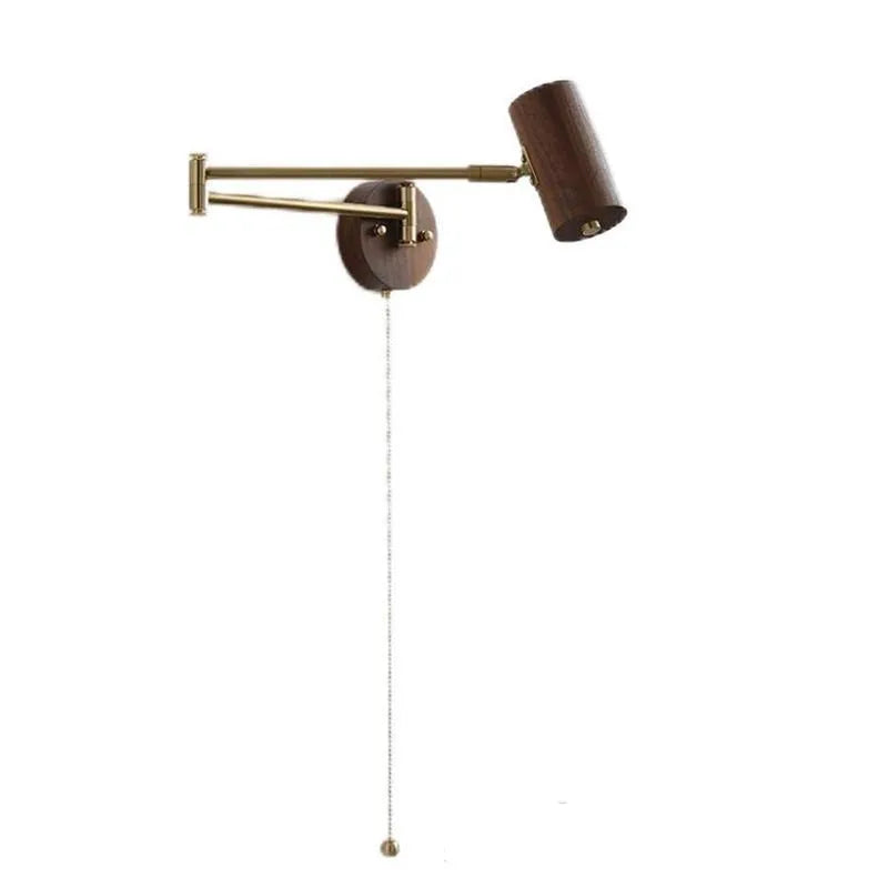 Retro style wall lamp with long rotating arm and built-in switch in walnut finish