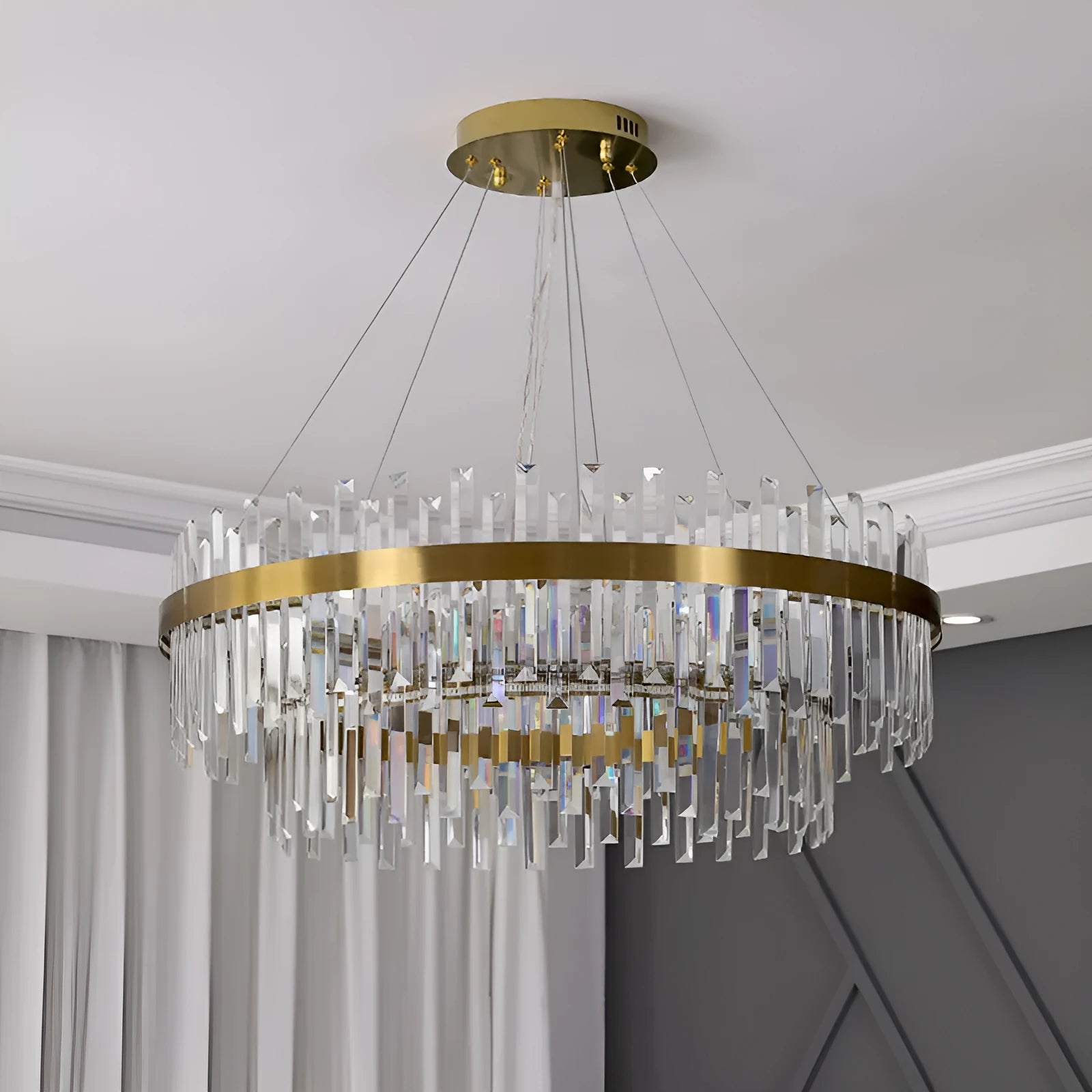 Stainless steel crystal chandelier ceiling light with adjustable height and three-colour LED lighting