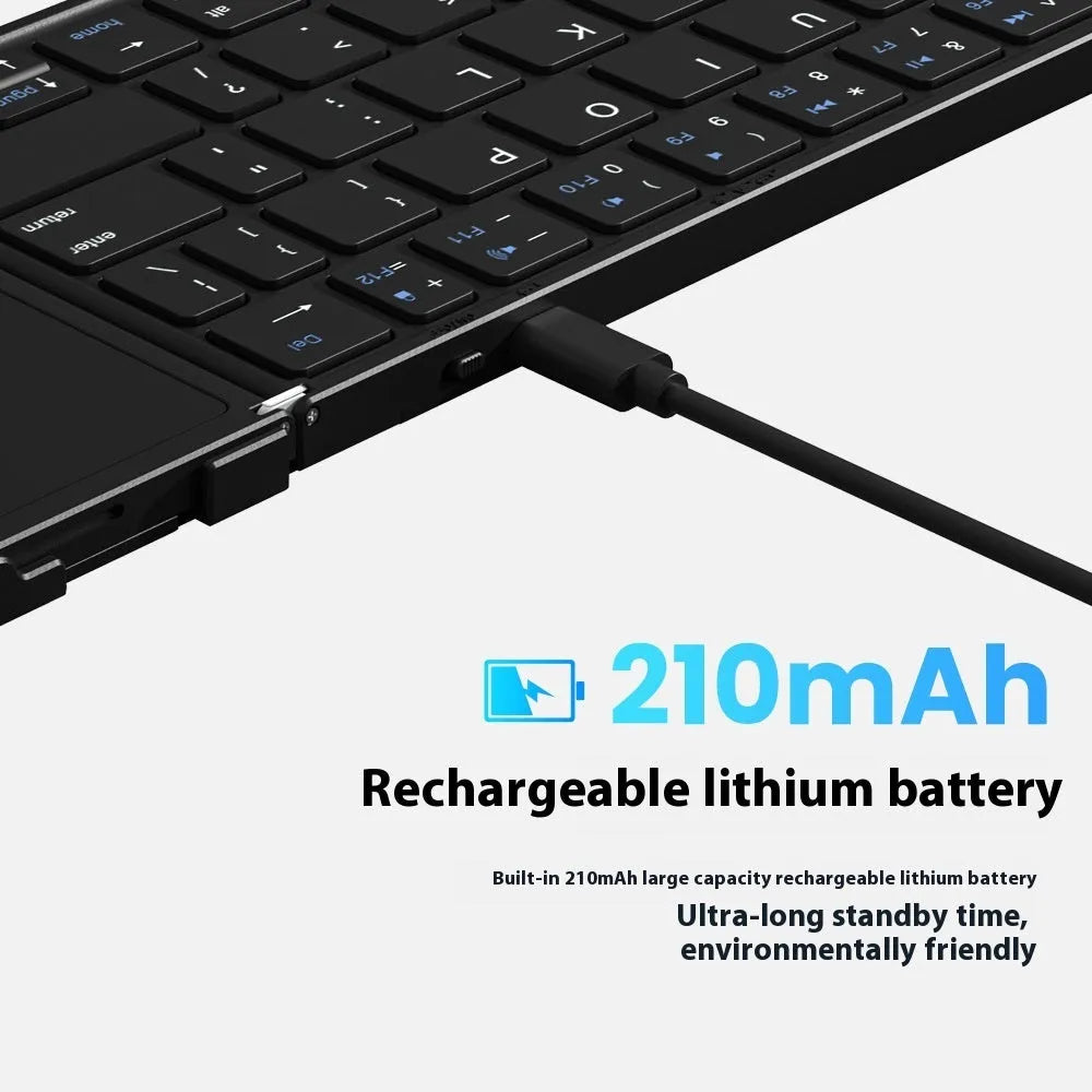 Black folding Bluetooth keyboard for tablets showing touchpad variant with compact folded dimensions