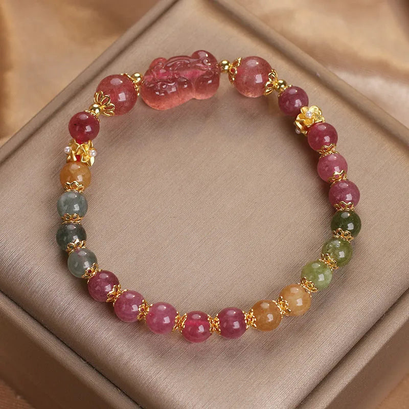 Candy colour tourmaline strawberry quartz Pi Xiu bracelet for women with 17cm length
