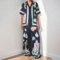 Women's black casual set with cartoon animation pattern, cardigan and trousers in sizes S to 3XL
