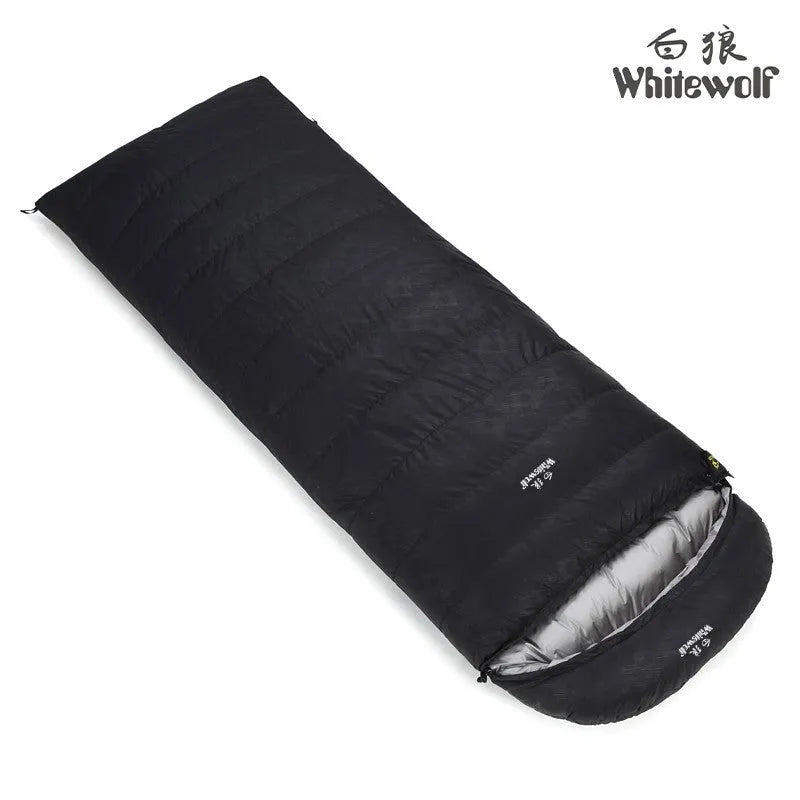 Black outdoor sleeping bag with envelope structure, white goose down filler, and 320t tear-resistant nylon fabric