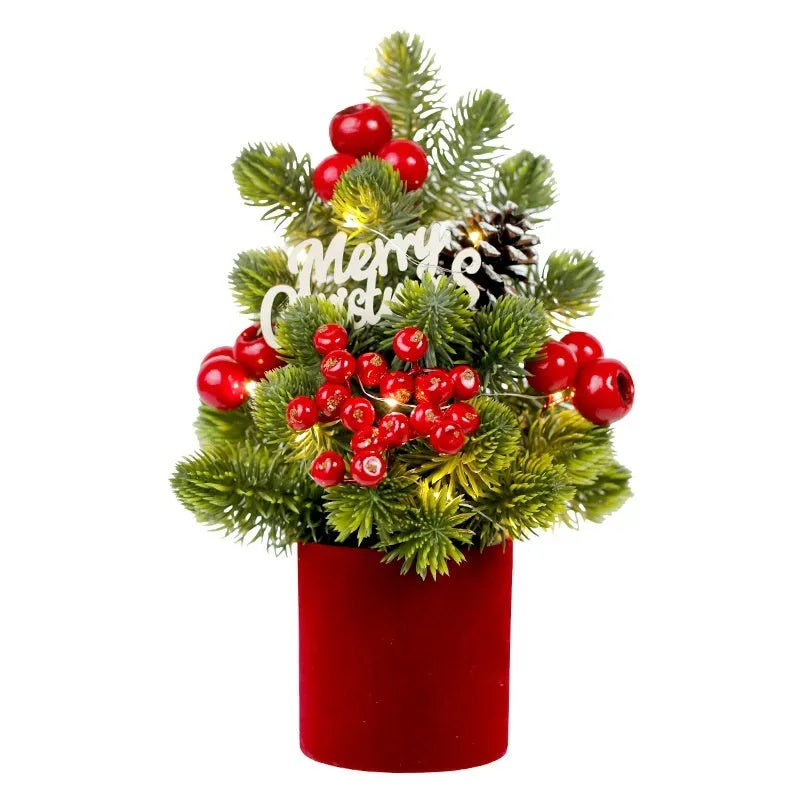32cm desktop Christmas tree with pine cone ornaments and LED lights in red colour option