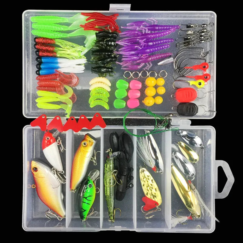Junior fishing lure suit set with multiple baits inside a clear plastic PP storage box.