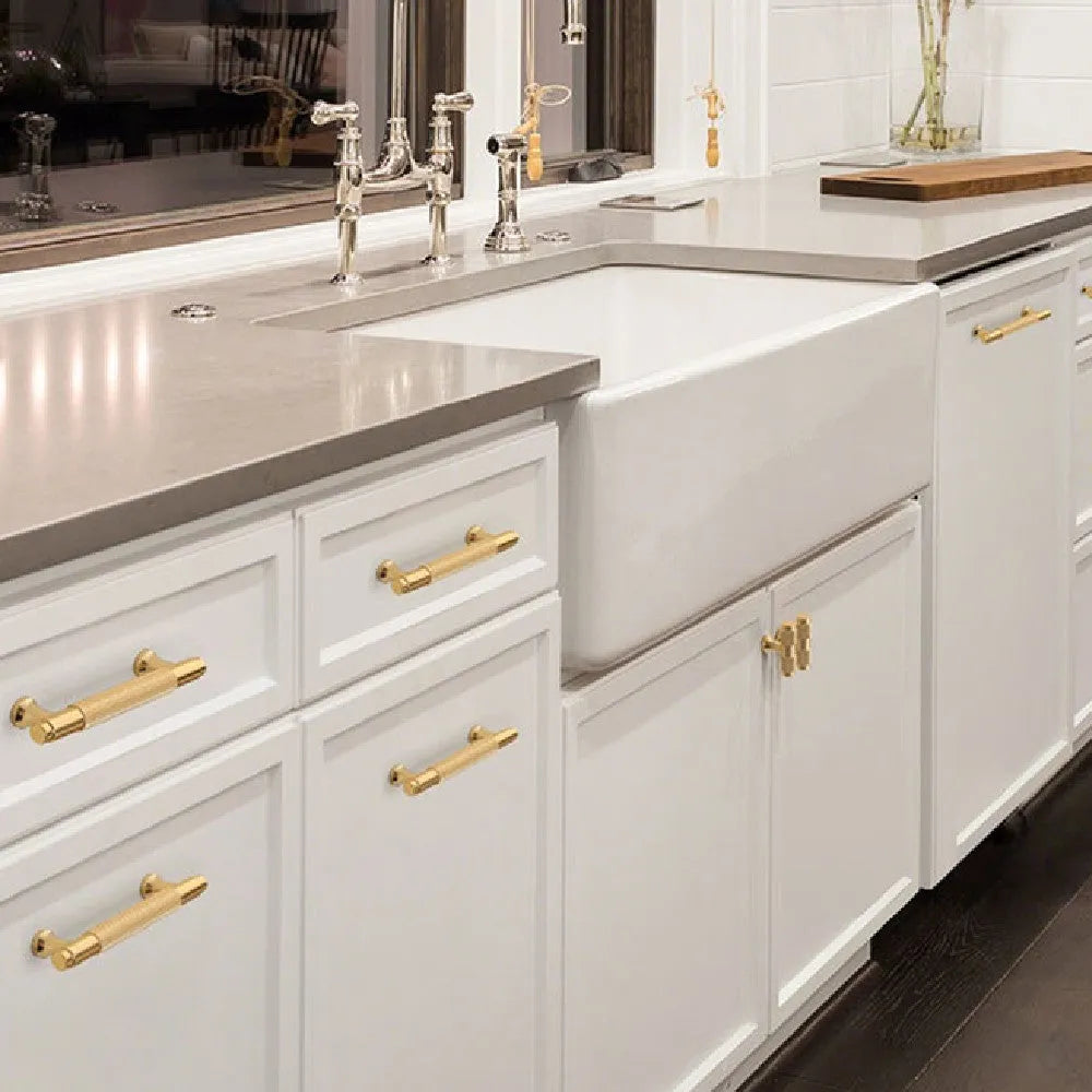 Modern brushed brass aluminium drawer handle showing hole spacing options for cabinet hardware