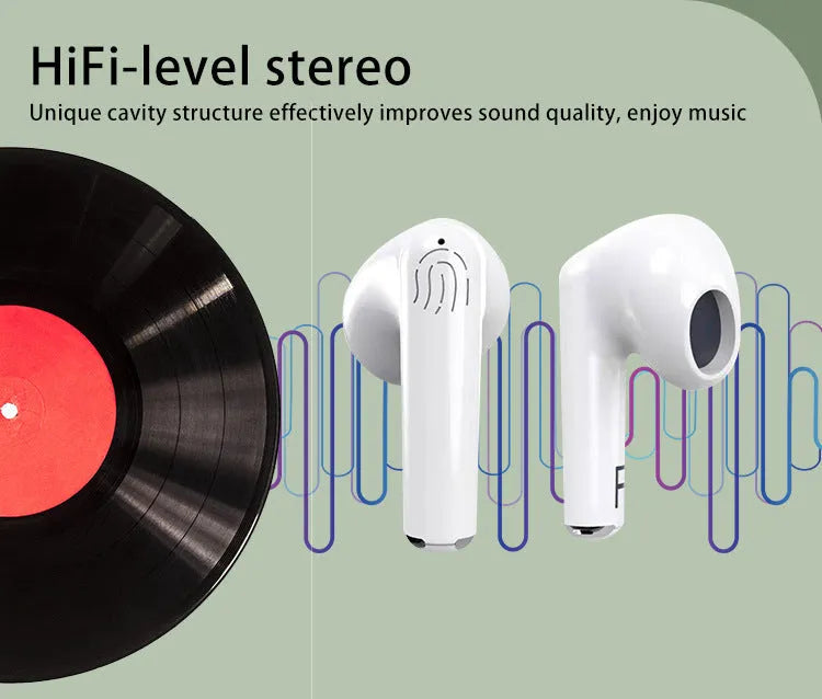 White wireless Bluetooth earphones with charging case showing semi in-ear design and compact size