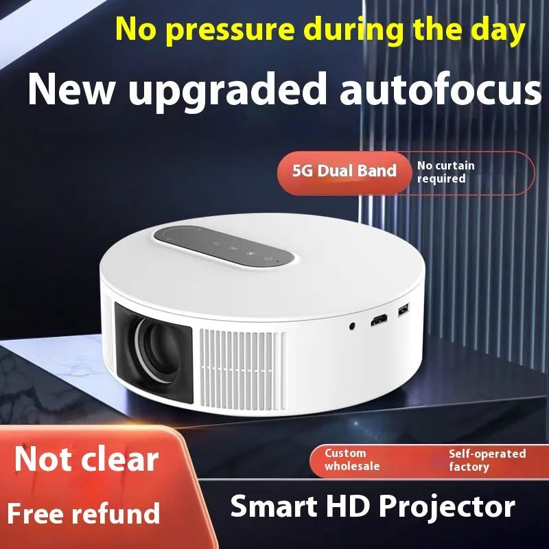 White HD home theatre projector with remote control on table, showing 720p resolution and 200LM brightness for bedroom viewing