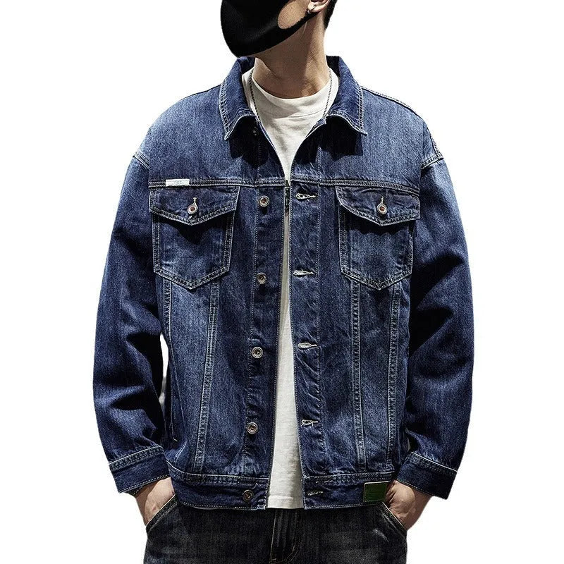 Men's heavy industry retro denim jacket in cotton, solid colour, sizes L to 7XL, dark blue and black options
