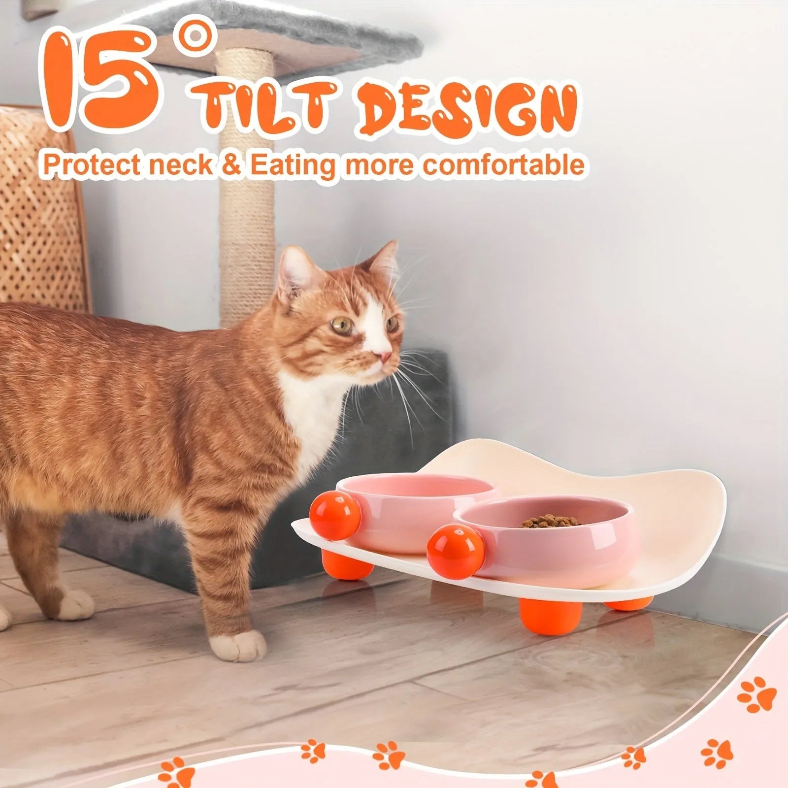 Pink elevated ceramic bowl with double raised design for cat food and water, non-slip base