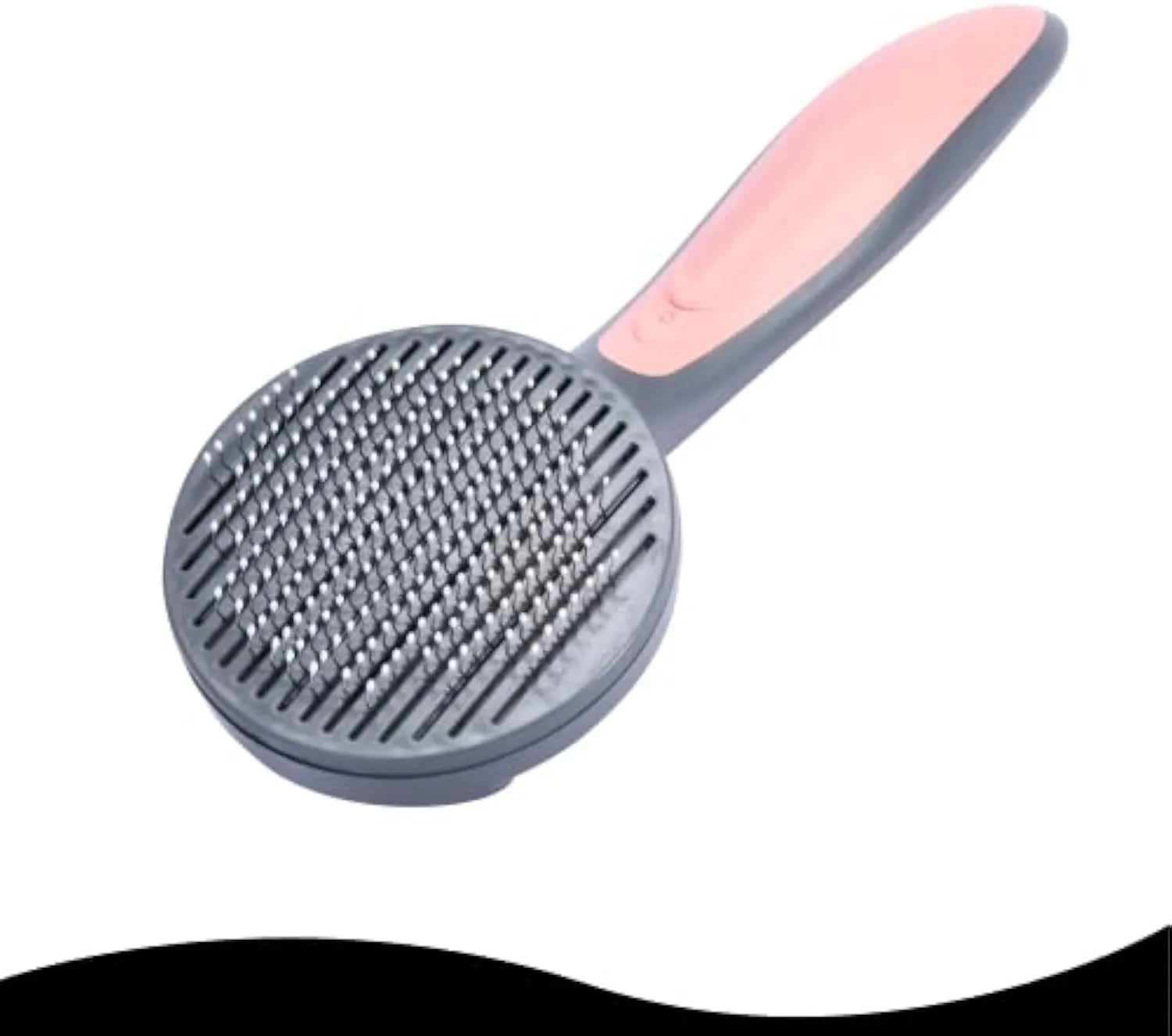 Self-cleaning slicker brush for cats and dogs in grey, green, or pink with massage bristles and comfort-grip handle