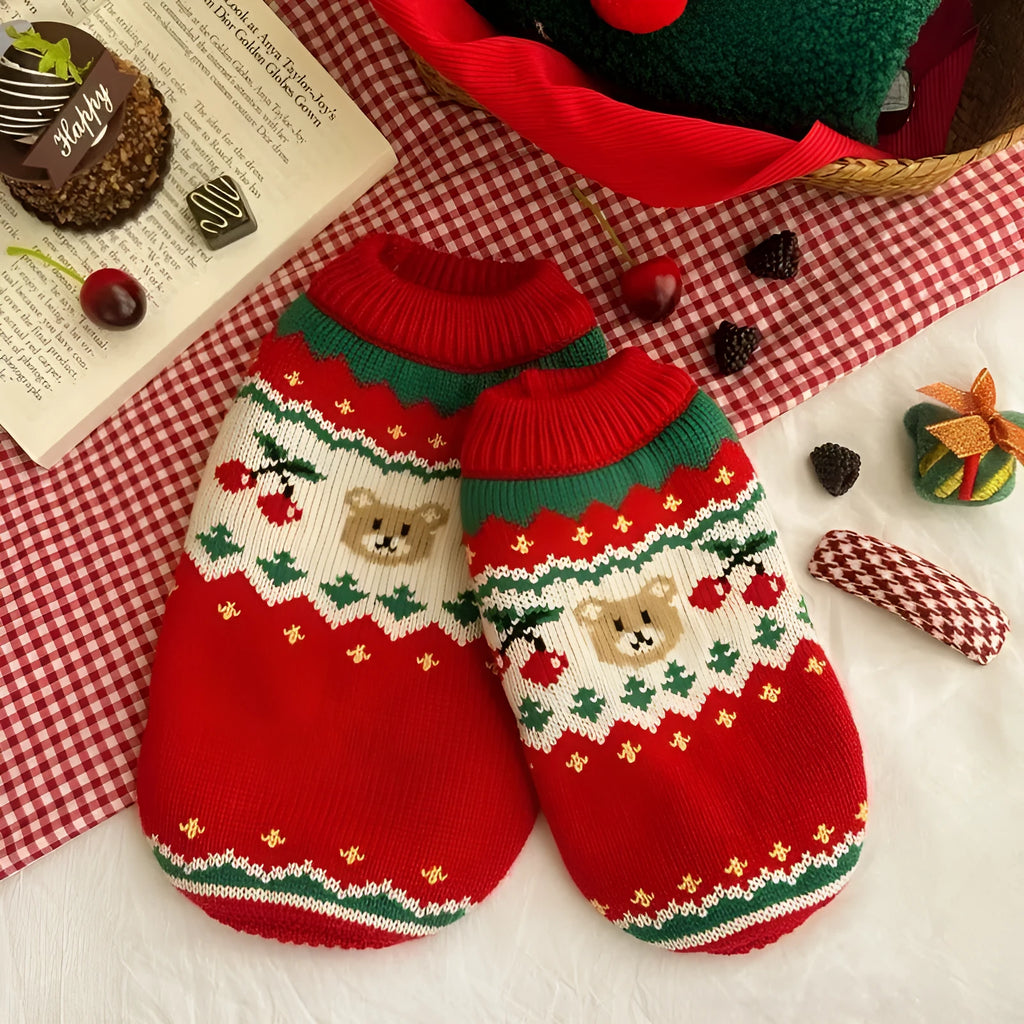 Red Christmas sweater for small dog with cherry pattern, polyester knit pet clothing