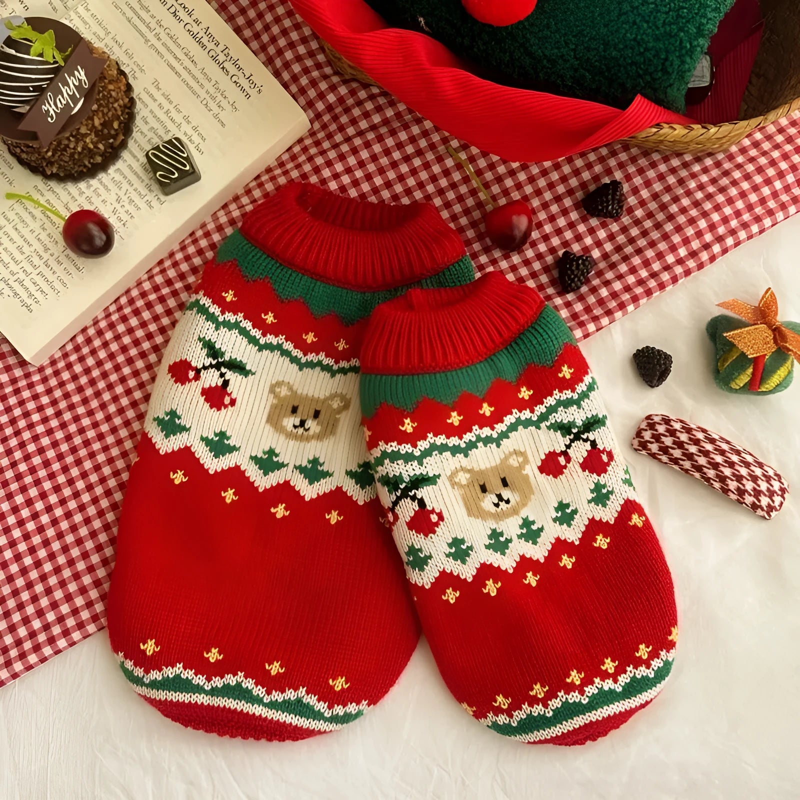 Red Christmas sweater for small dog with cherry pattern, polyester knit pet clothing