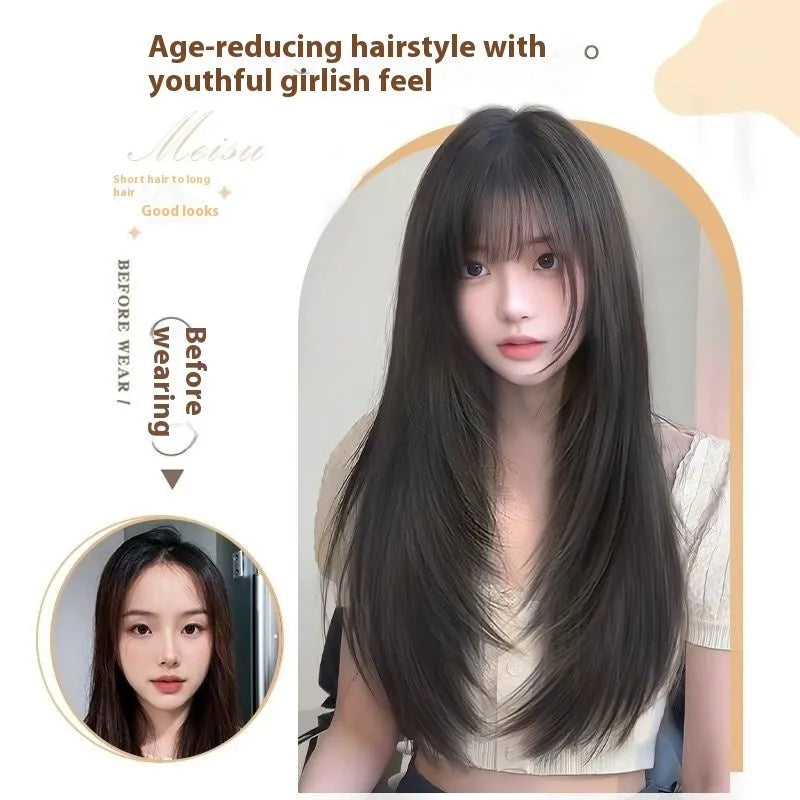 Black long straight layered wig with integrated hair net for women