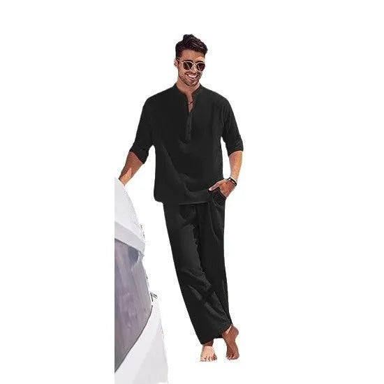 Men's casual cotton suit set with long sleeves and trousers in solid colour options