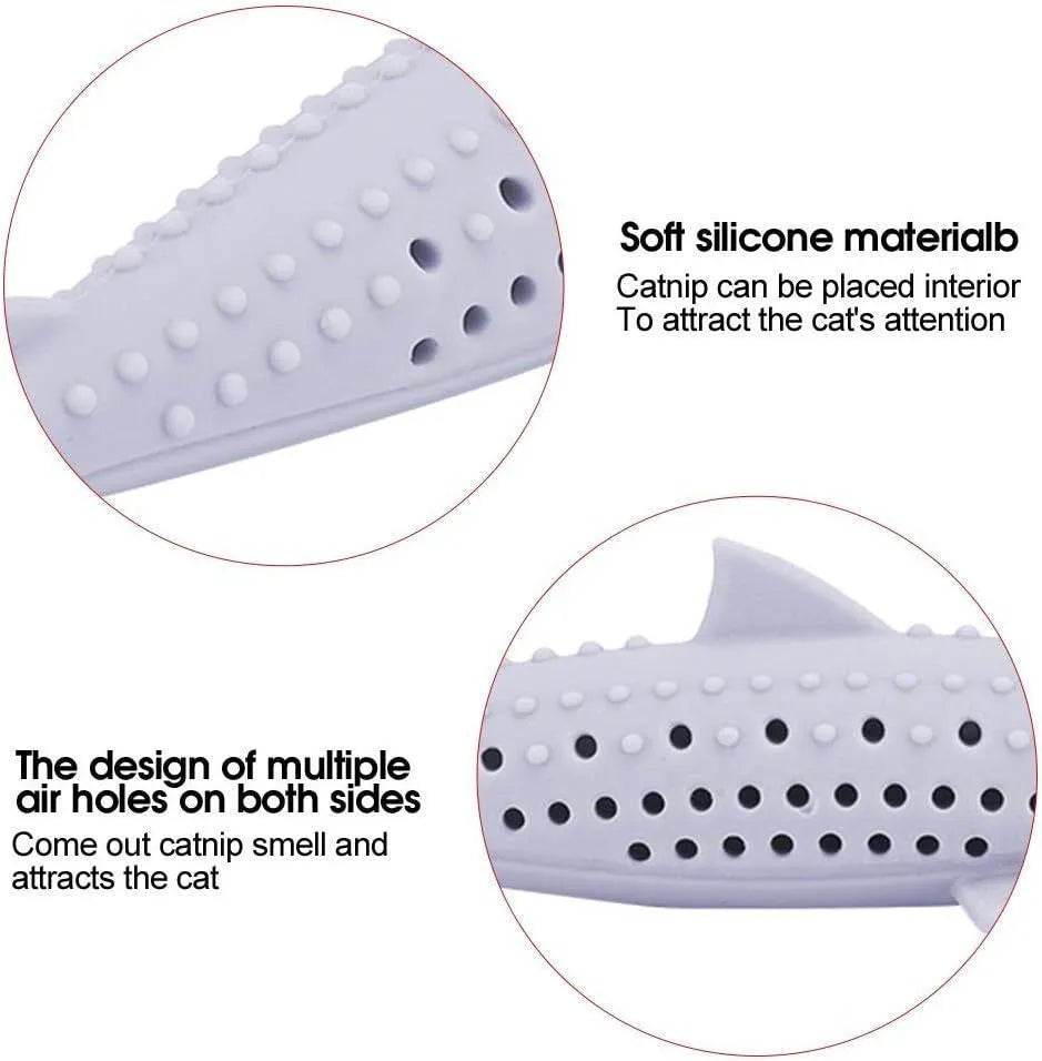 Green dolphin-shaped silicone cat chew toy with breathable side holes for catnip scent release