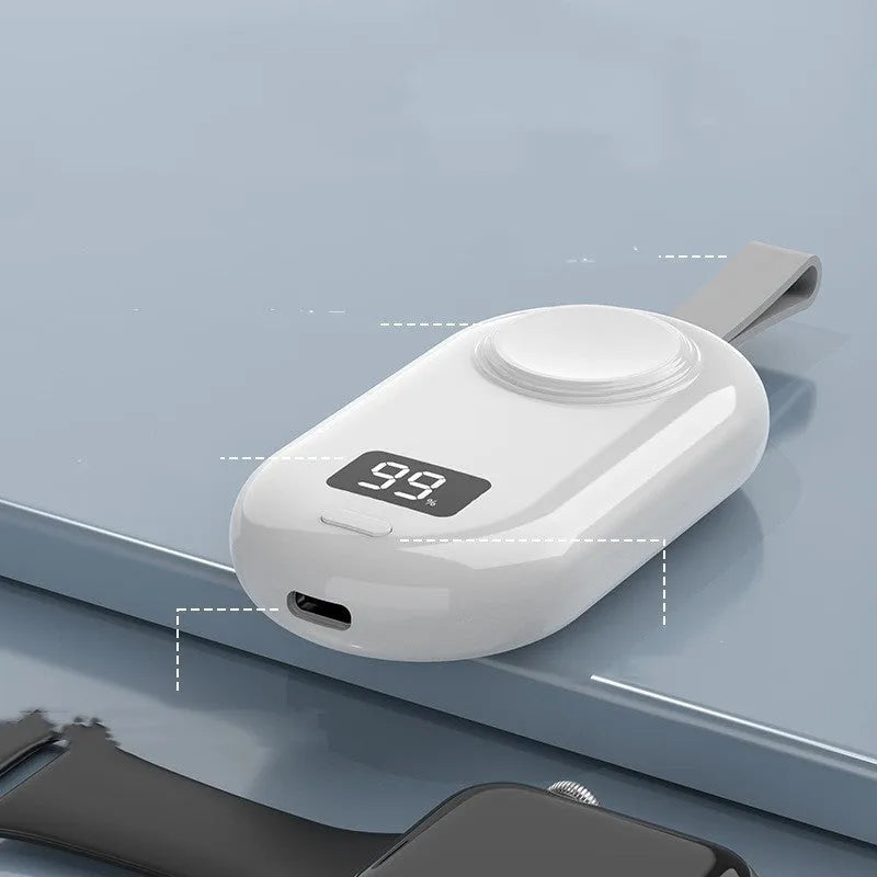 White and black plastic wireless power bank for V5 watch charging, showing Type-C port and compact 121.5x49.5x20.2mm size