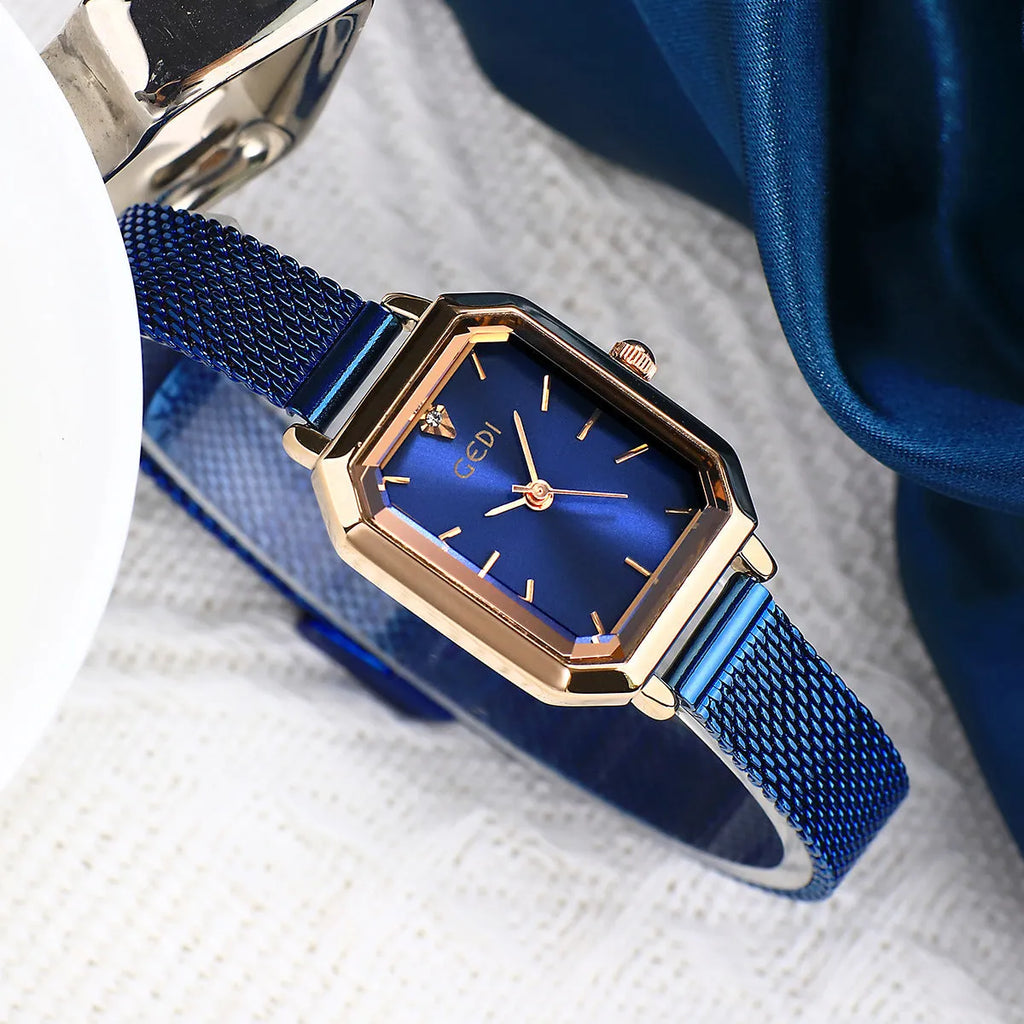 Women's square retro watch with rose shell case and slim 8mm thickness on wrist
