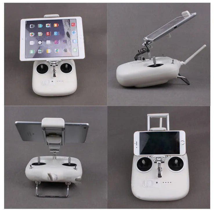 Silver universal mobile phone holder with adjustable tongs and remote control lanyard for vehicle mounting