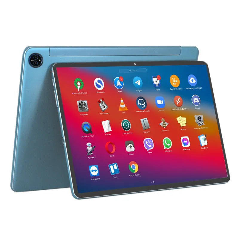 10-inch tablet PC in bare metal blue colour with optional leather keyboard case
