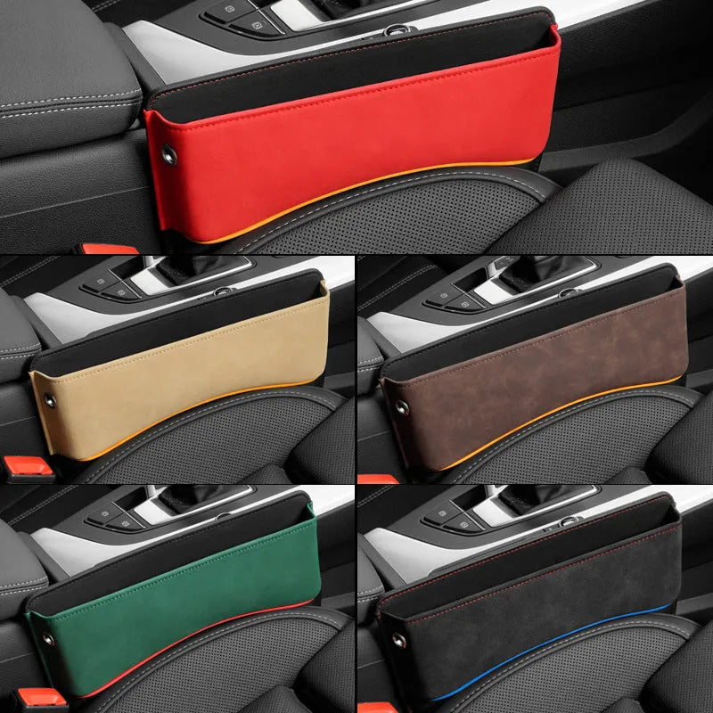 Leather car seat storage box in beige suede colour between vehicle seats