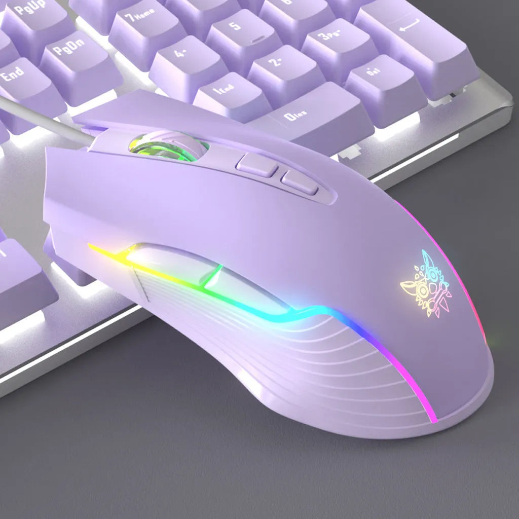 Purple and white mechanical keyboard and mouse wired set with RGB backlight illumination