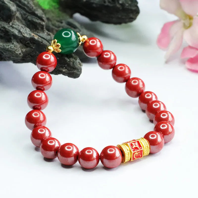 Emperor Sandstone coloured cinnabar bracelet with six engraved Chinese characters on 8mm beads.