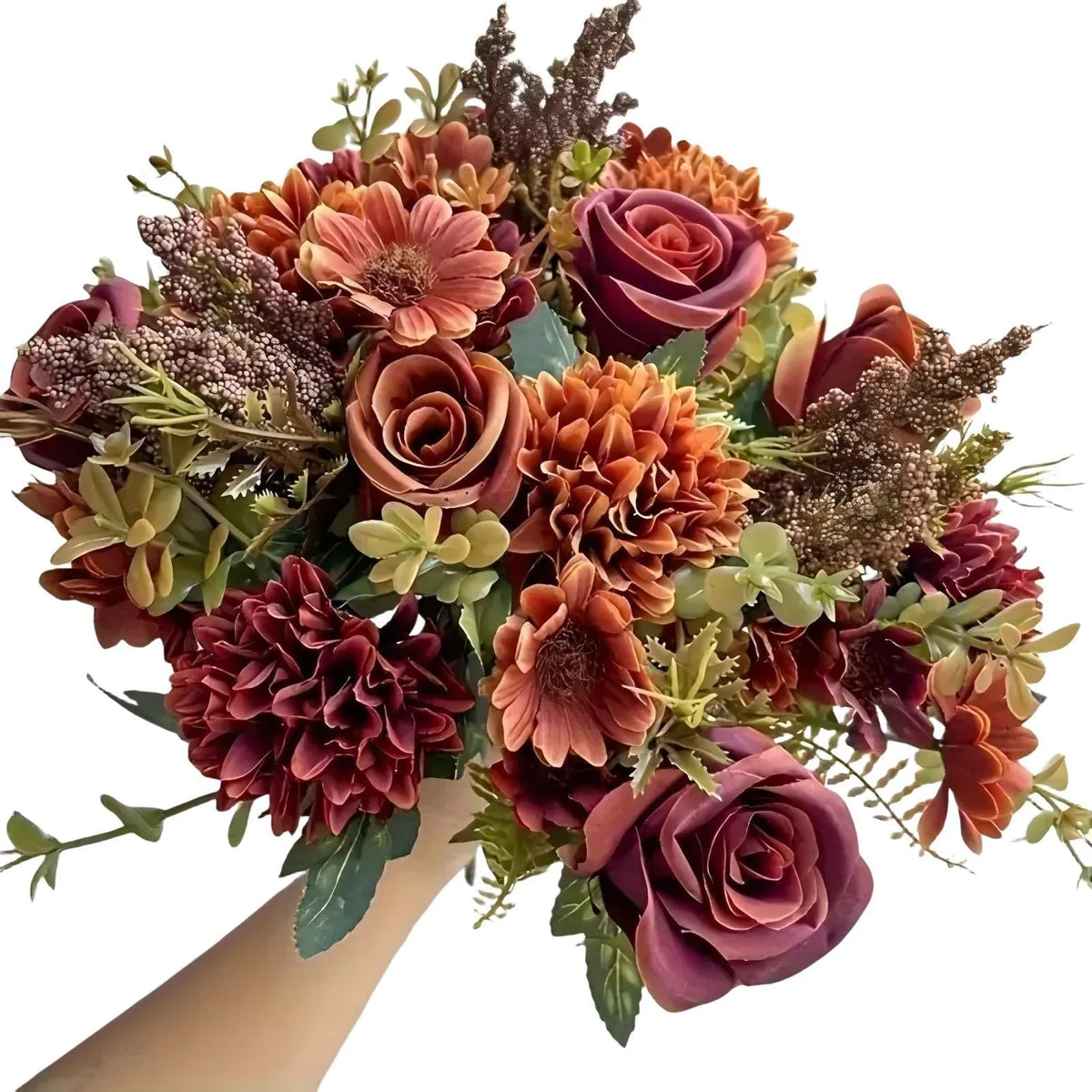 Close-up of an artificial Autumn Hydrangea silk flower bouquet in champagne colour