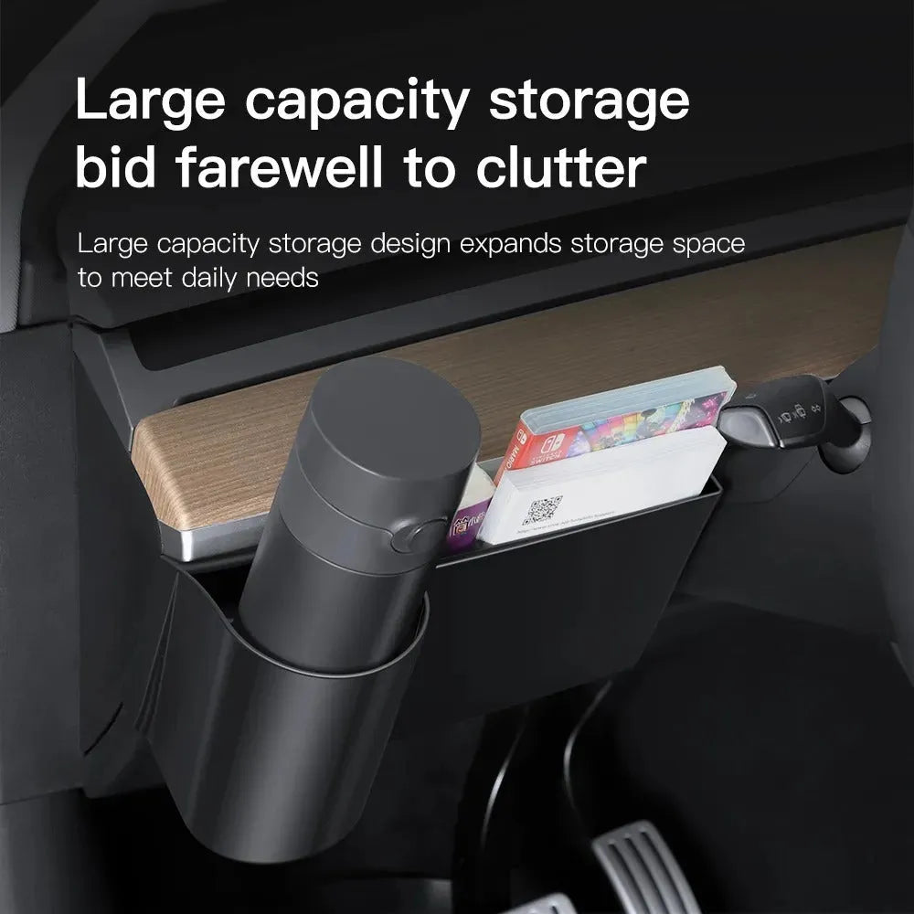 A plastic water cup holder designed for the dashboard of a left-hand drive Tesla Model 3 or Model Y.