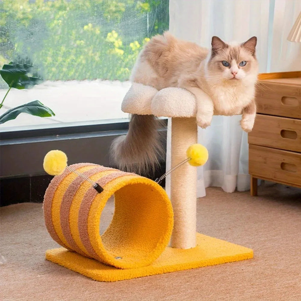Yellow bee-themed cat climbing frame with sisal scratching board and tunnel, dimensions 46x36x25cm