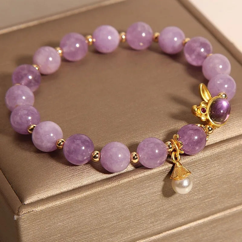 Natural mauve jade crystal rabbit bracelet with purplish red jade hare head pendant