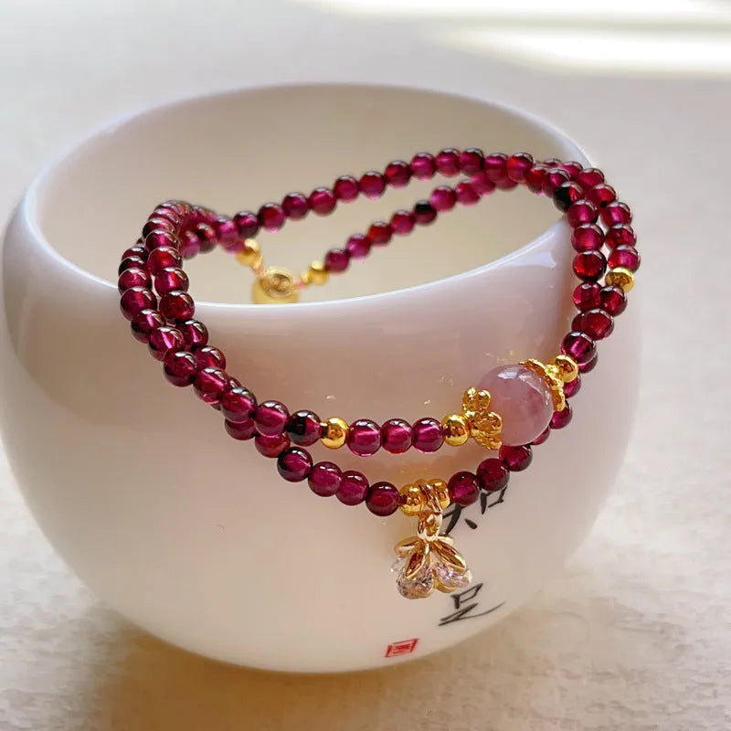 Women's handmade natural garnet double ring bracelet in H311 colour