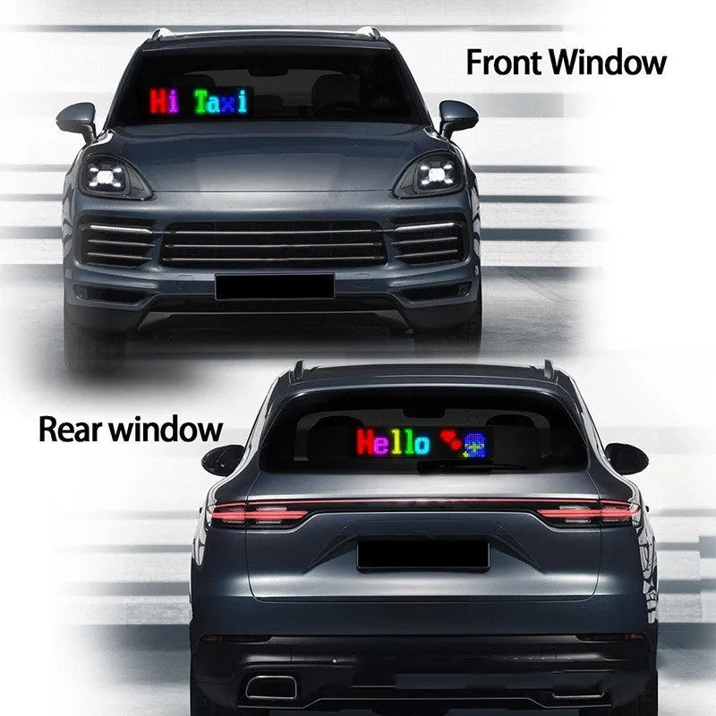 Ultra-thin programmable full-colour LED car display screen showing custom text, flexible circuit board.