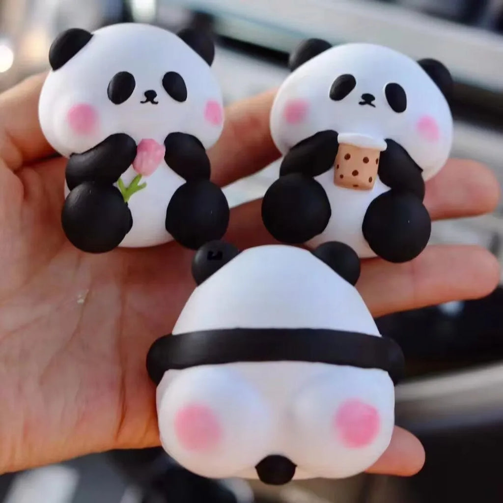 Panda car vent air freshener clip ornament in milk tea, flower, and back panda designs