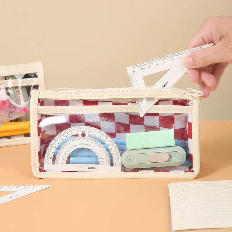 Chessboard pattern transparent PVC pencil case showing pens inside, 21.5cm length with black and white grid design