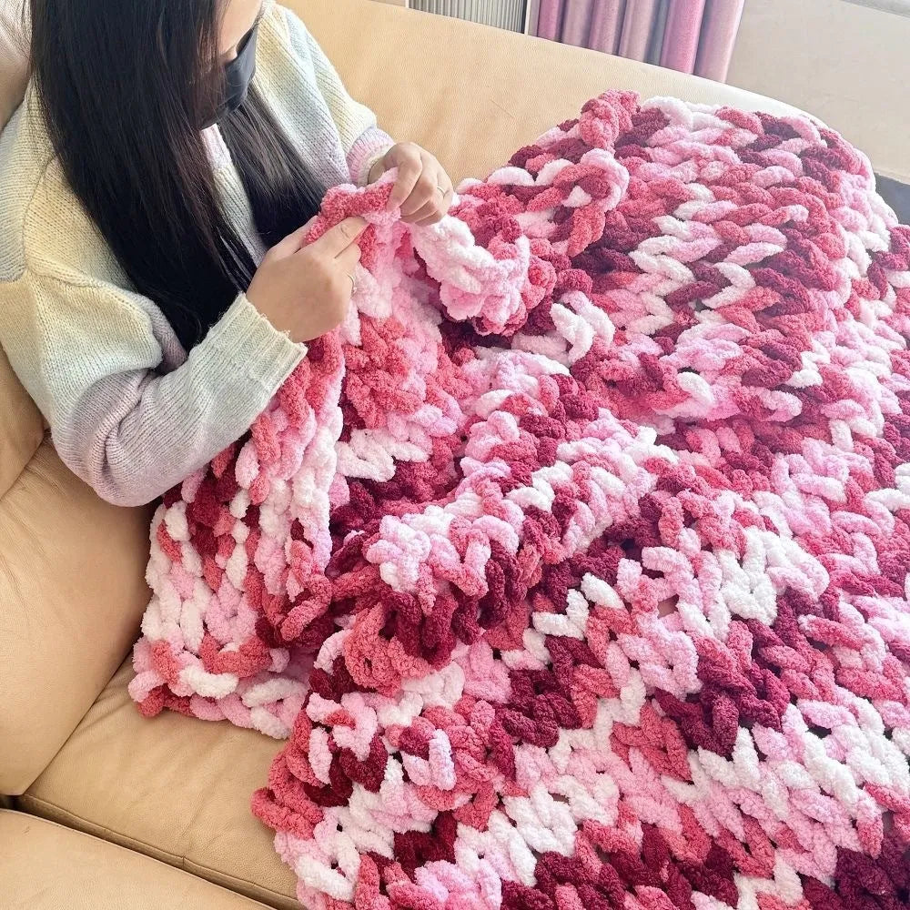 Coarse yarn chenille knitted blanket with braided edges showing texture detail, available in 12 sizes from 50cm to 200cm