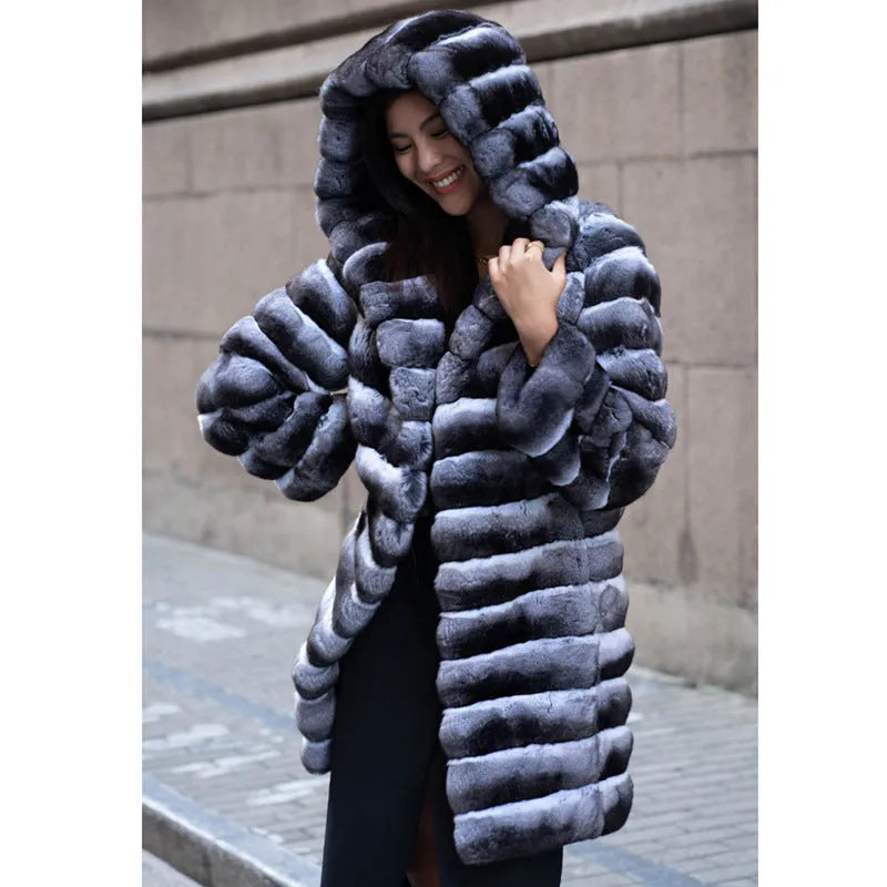 Women's zebra stripe pattern faux fur coat with artificial mink hair fabric, medium length