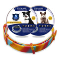 Rainbow-coloured plastic flea and anti-lice collar for cats and dogs, showing 38cm and 62cm size options.